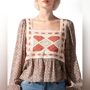 Women's Miss Me Ditzy Floral Crochet Top Large Lagenlook Prairie Western Boho